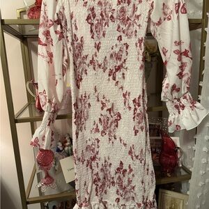White and Red Floral Smocked Midi Dress